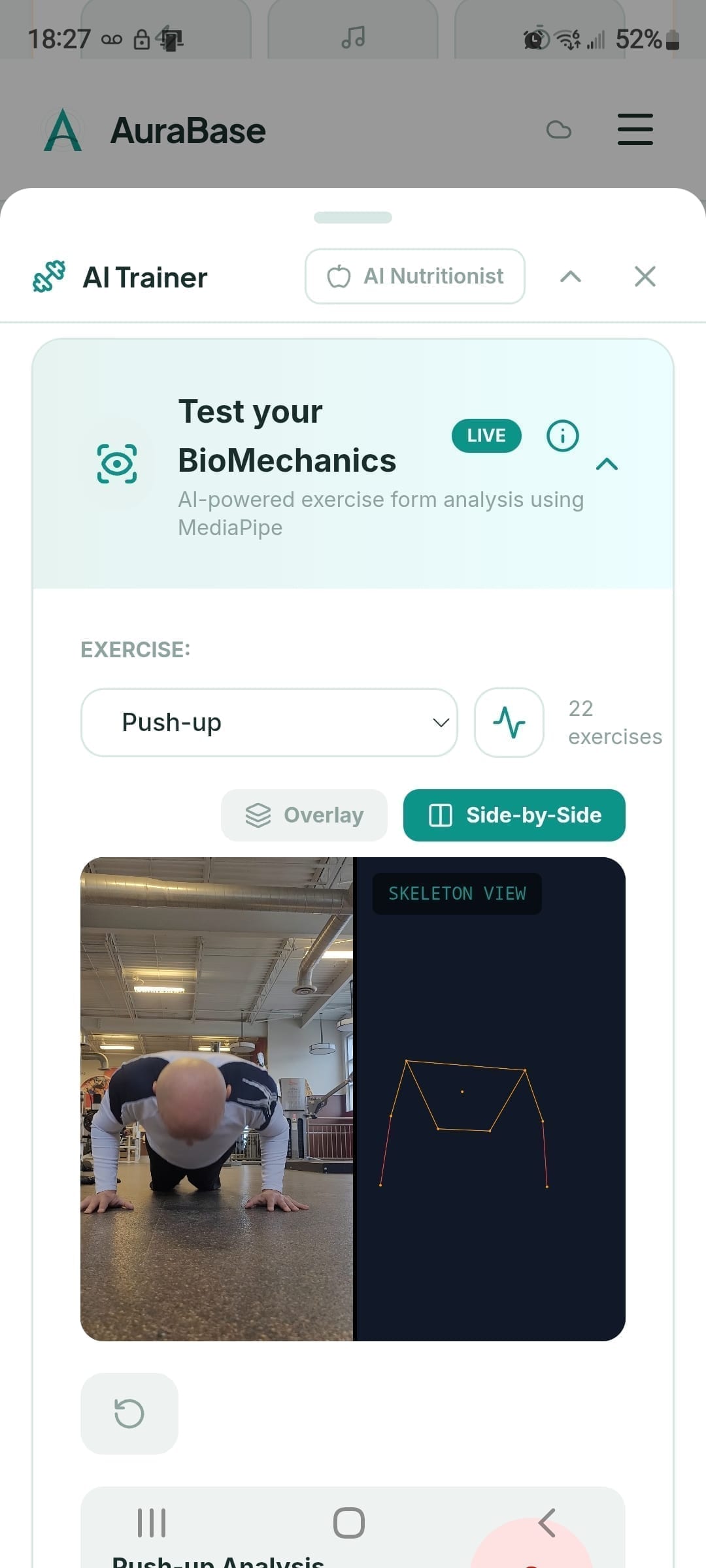 AuraBase live biomechanics analyzer with side-by-side movement view